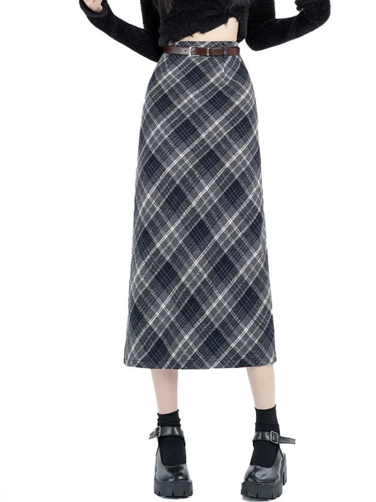 Chic High Waist Wool Blend Plaid A Line Midi Skirt for Women
