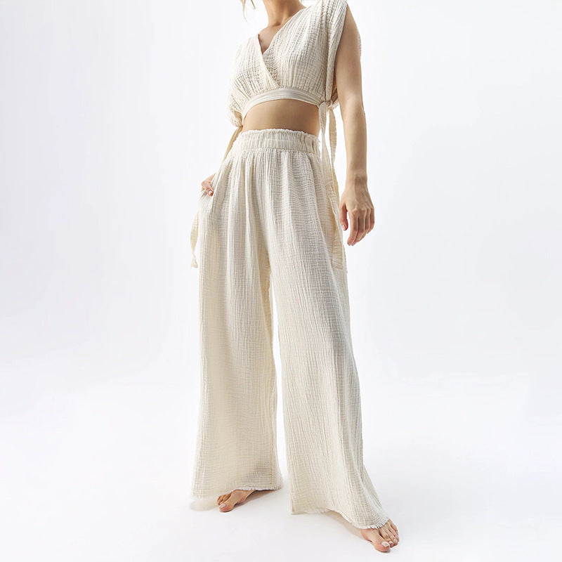Effortlessly Chic Double Layer Cotton Gauze Relaxed Wide Leg Pants for Women