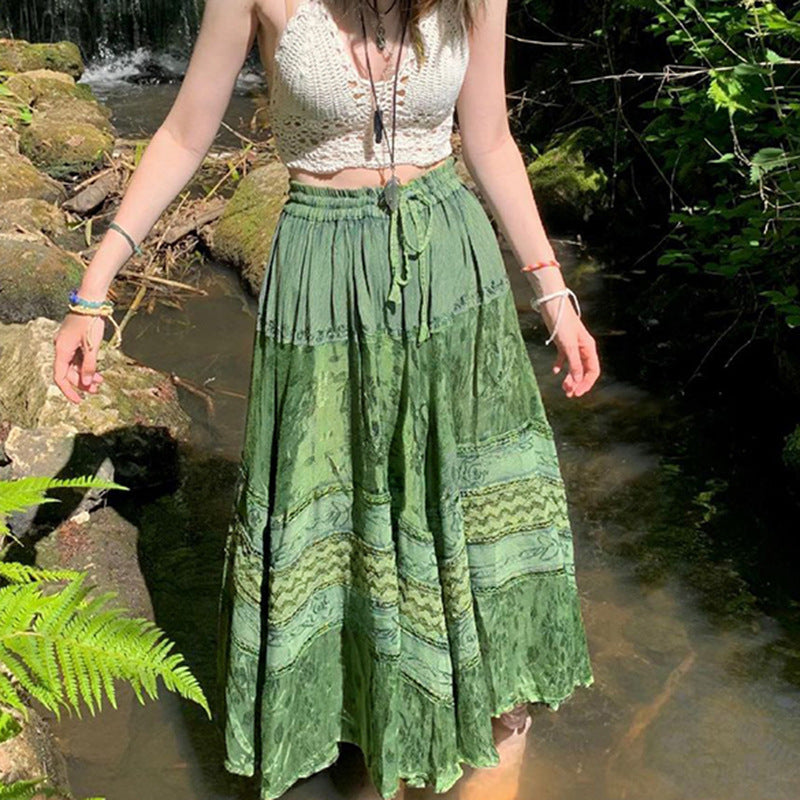 Bohemian Tiered Green Print Flowy Maxi Skirt with Elastic Drawstring Waist
