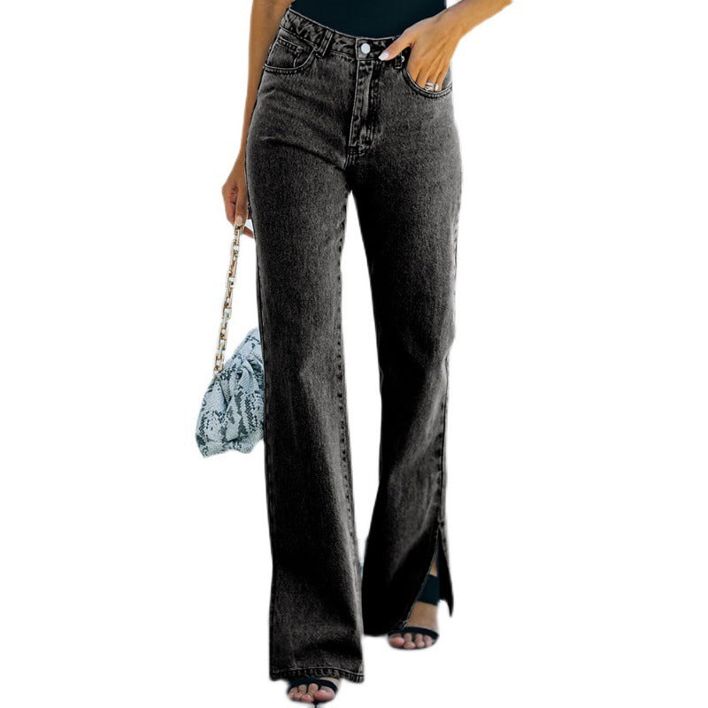 High-Waist Washed Straight Leg Jeans for Women