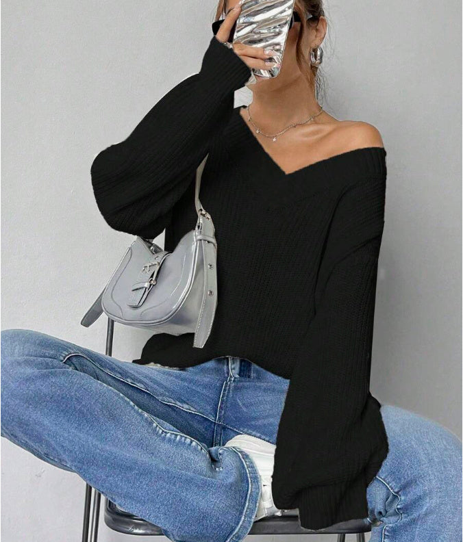 Effortlessly Relaxed V-Neck Ribbed Knit Pullover Sweater