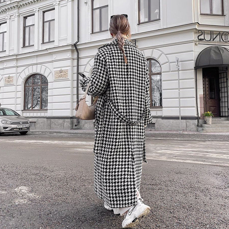 Oversized Houndstooth Long Trench Coat