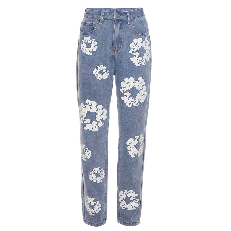 Trendy Floral Print High Waist Straight Jeans