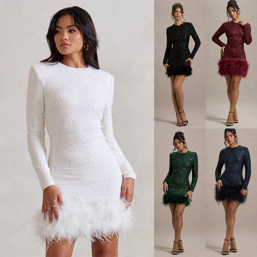 Glam Sequin Feather Mini Dress - Long Sleeve Party Gown