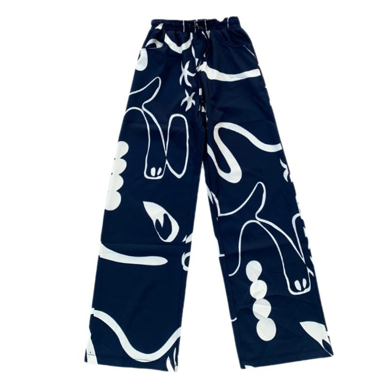 Vintage Graffiti Print Loose Wide-Leg Pants