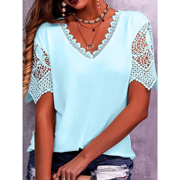Elegant Lace V-Neck Blouse for Women - Casual Short Sleeve Summer Top
