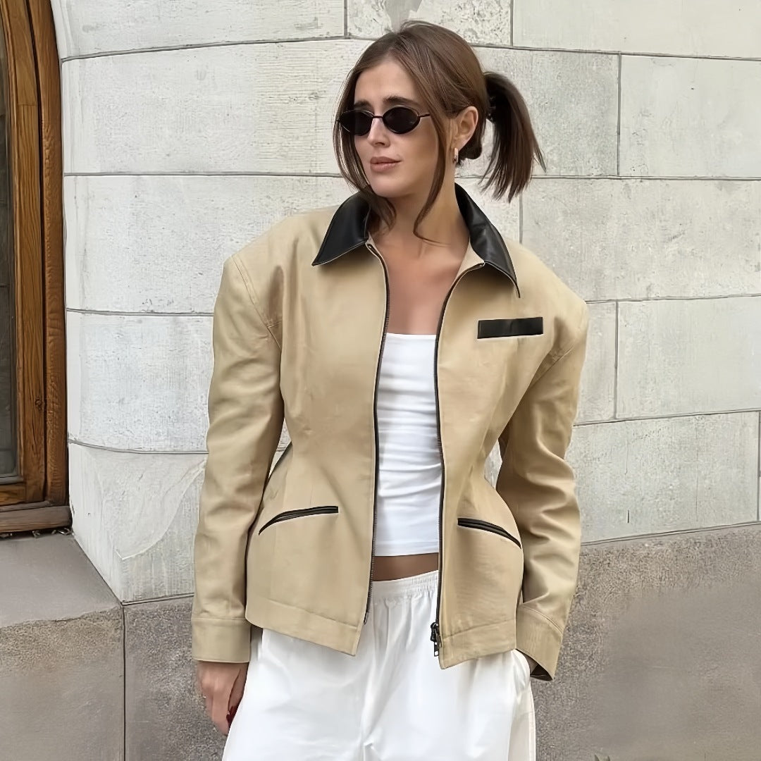 Retro Contrast Lapel Faux Leather Waist-Sculpting Biker Jacket with Zipper Detail