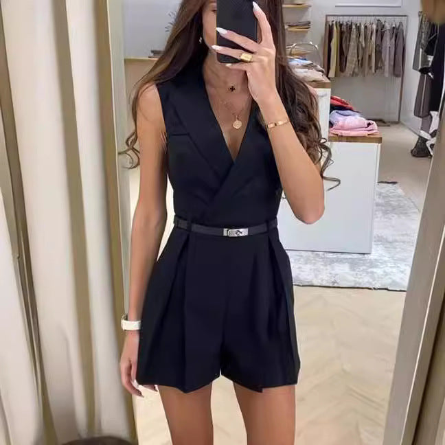 Elegant Sleeveless Tailored Romper - Women's Chic Blazer Jumpsuit
