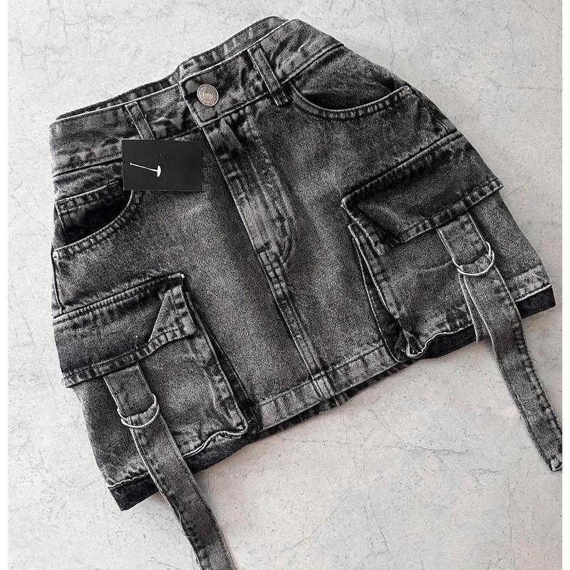 Trendy Y2K Washed Denim Mini Skirt with Utility Pockets
