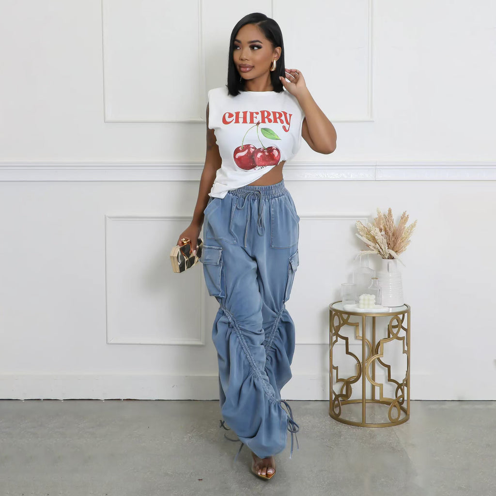 Rhea Ruched Drawstring Cargo Jeans