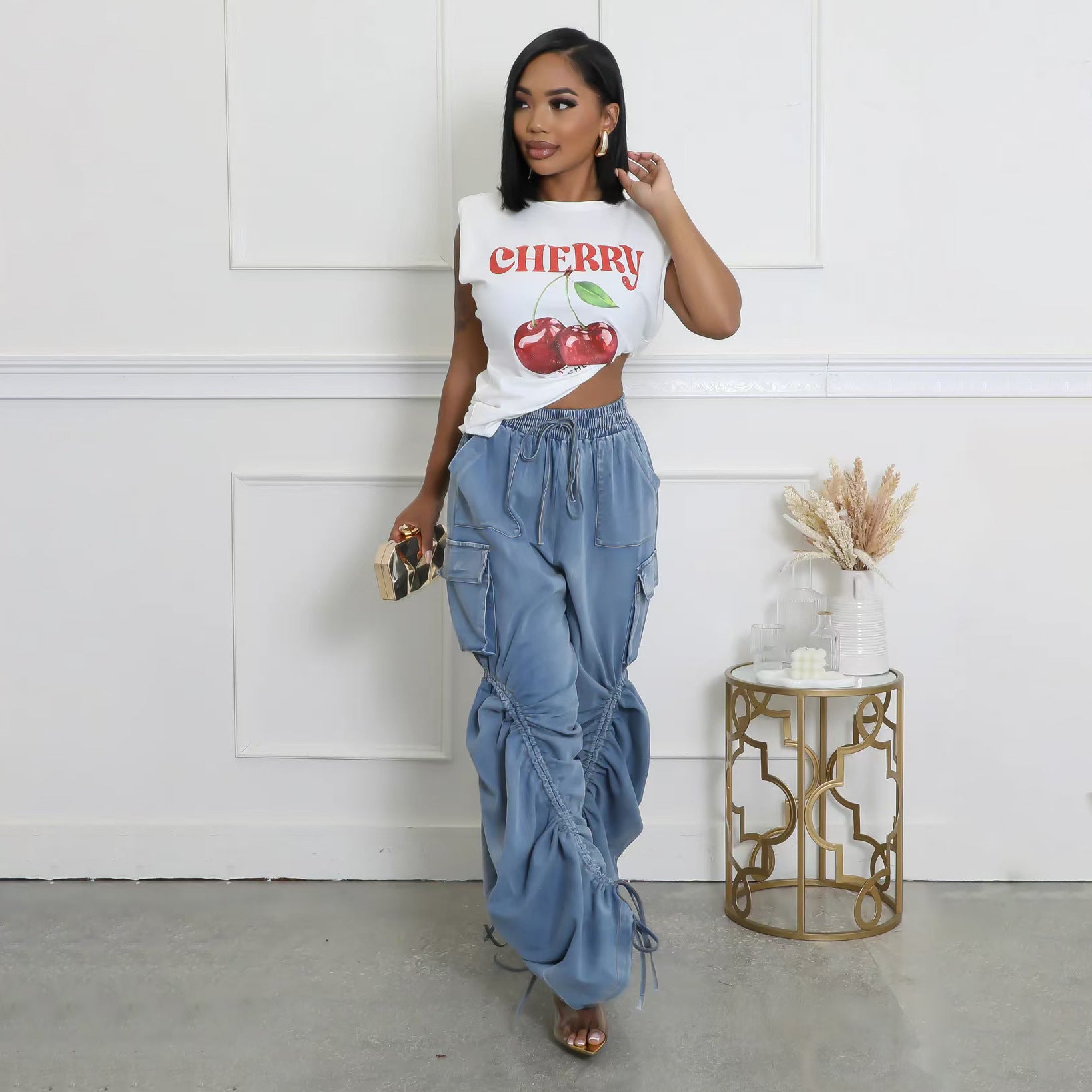 Rhea Ruched Drawstring Cargo Jeans