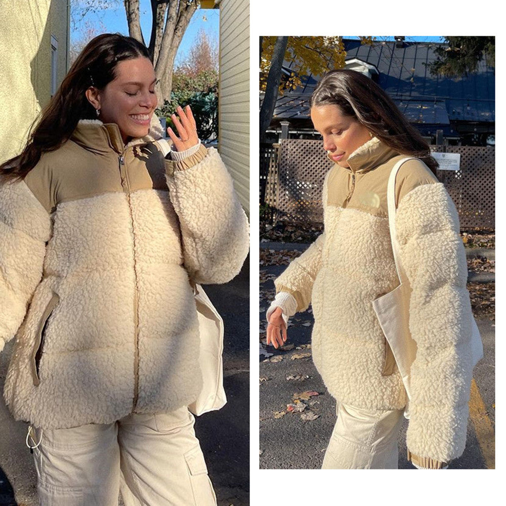 Cozy Apricot Beige Fleece Puffer Jacket with Stand Collar Warm Outerwear