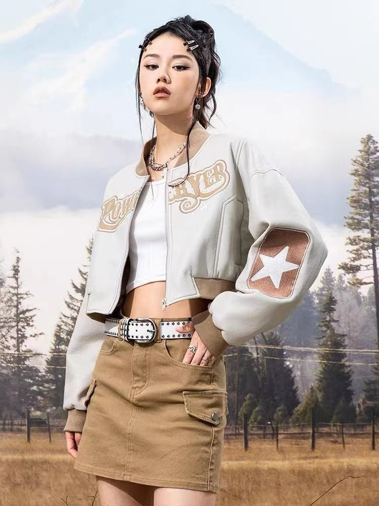 Street Style Cropped Bomber Jacket with Vintage Embroidered Lettering