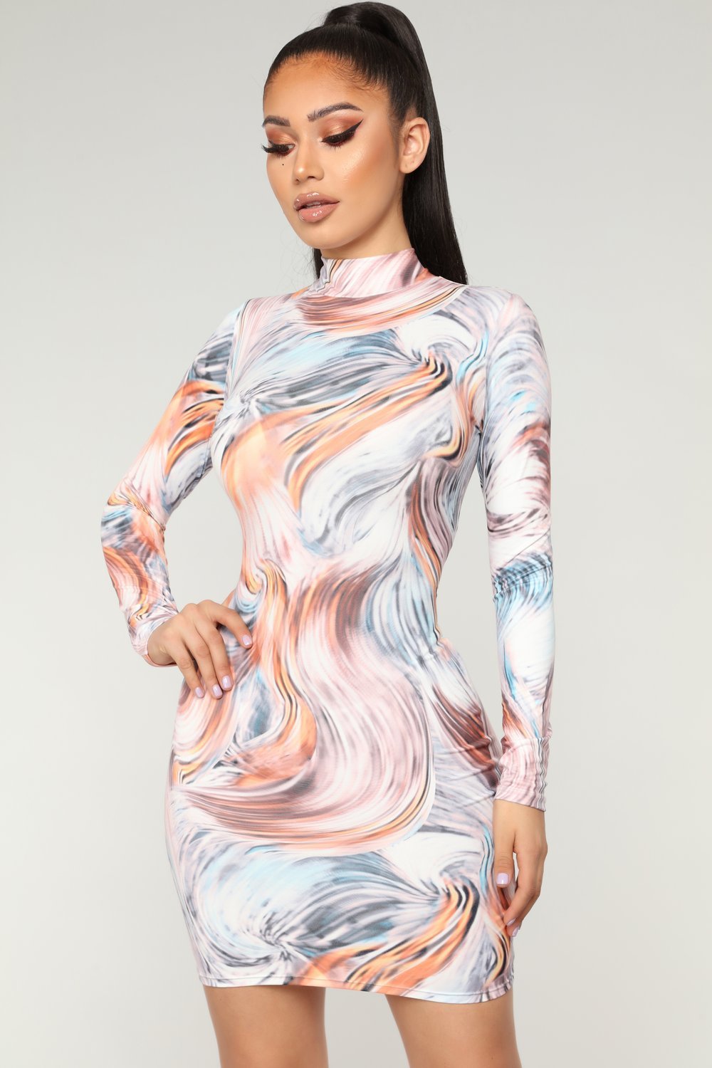 Abstract Swirl Print High Neck Long Sleeve Bodycon Mini Dress