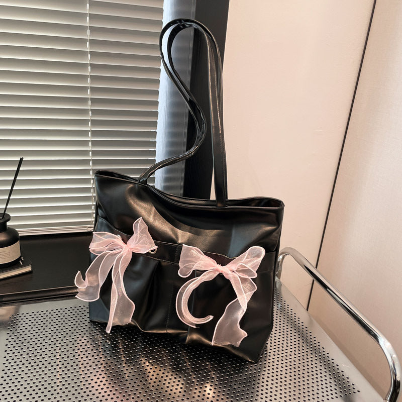Chic Bow Detail PU Leather Tote Bag - Large Capacity Shoulder Bag for Women