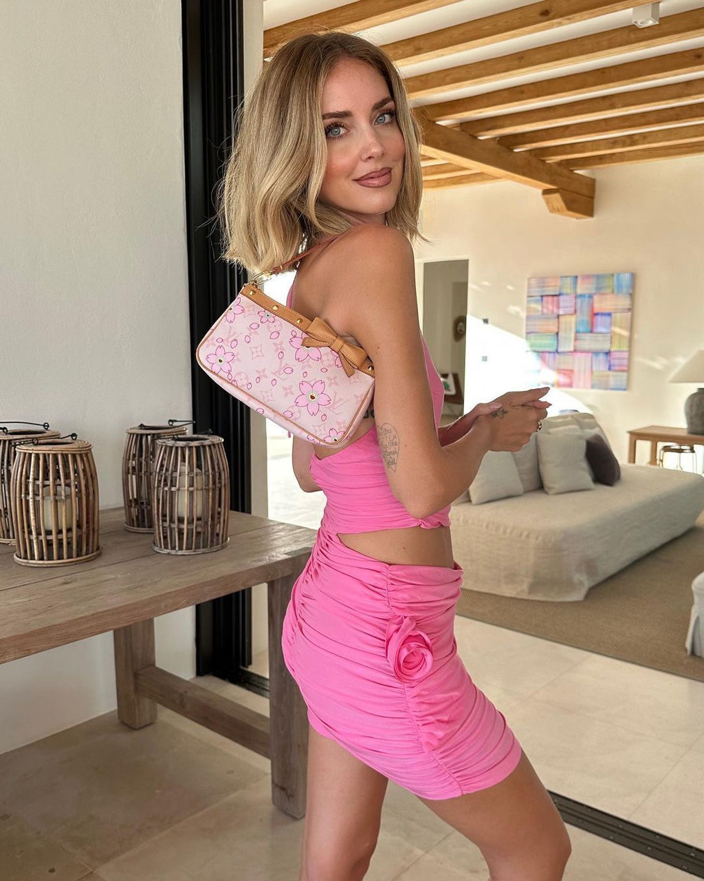 Chic Pink Halter Ruched Mini Dress with 3D Flowers