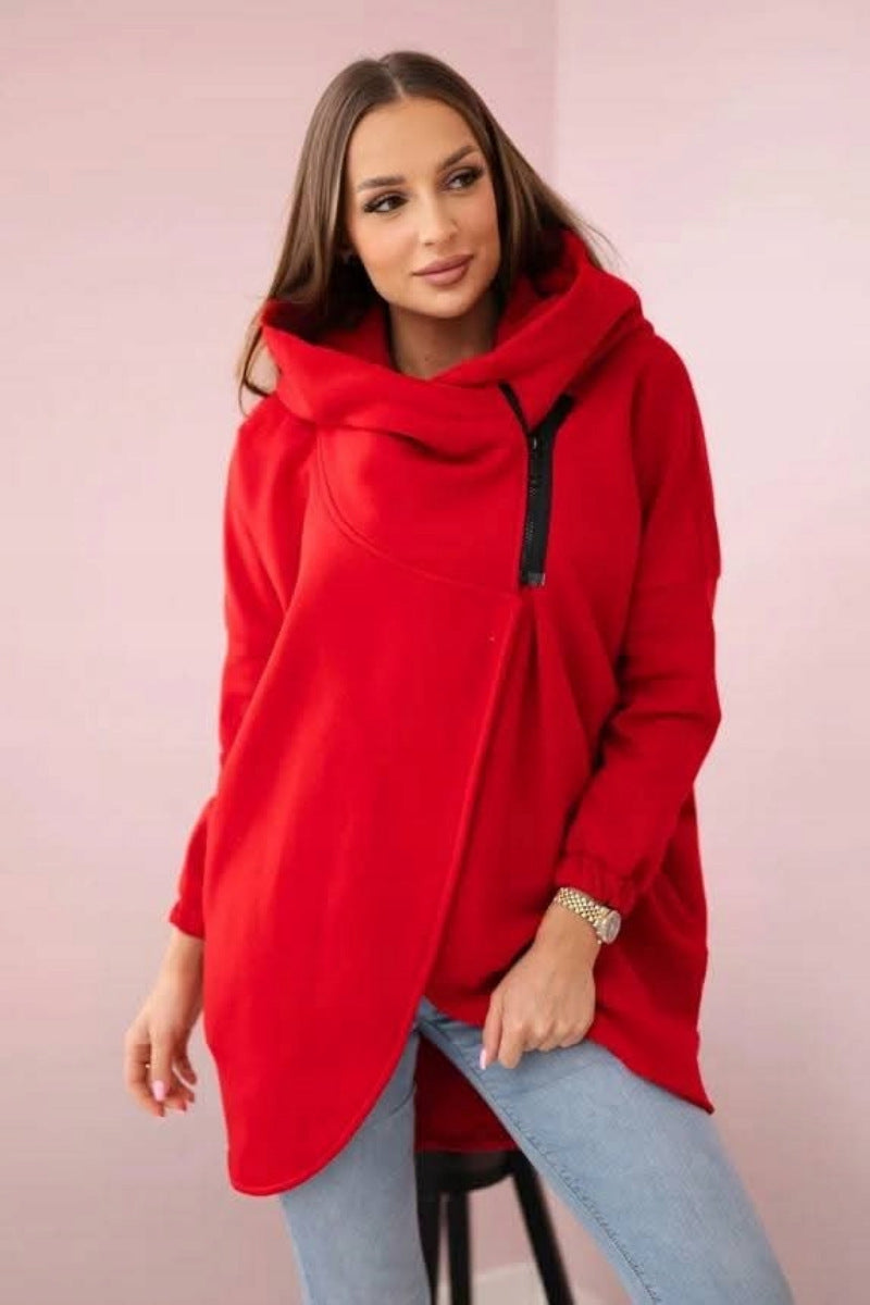 Cozy Fleece Asymmetrical Zip Hooded Casual Sweatshirt Jacket