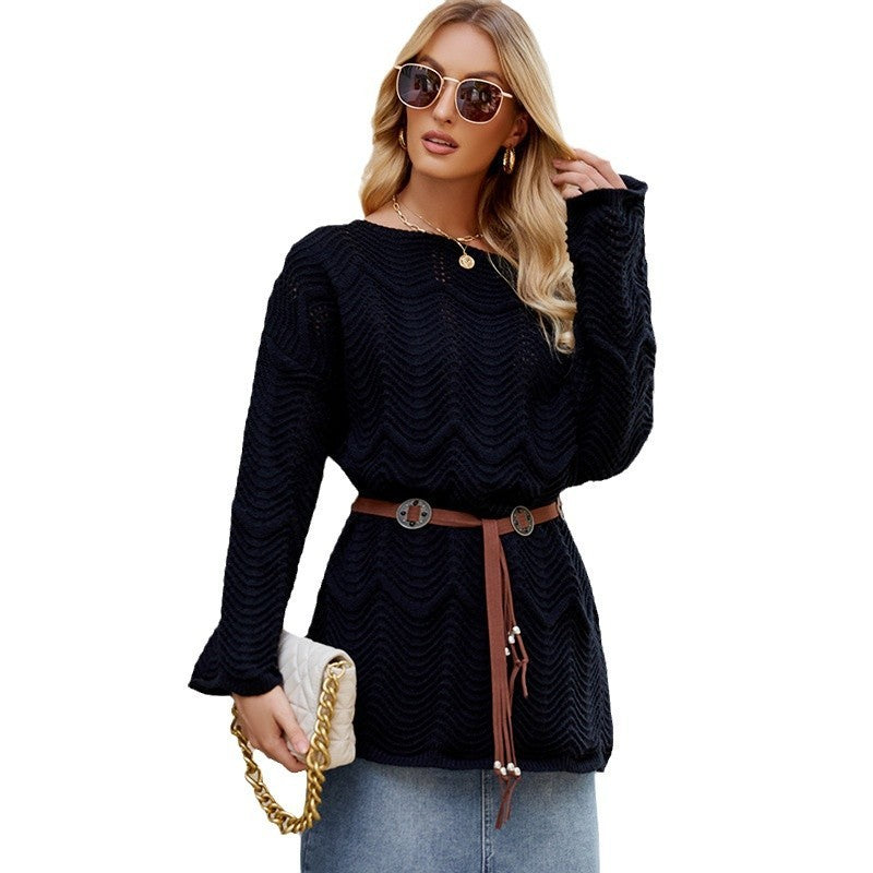 Chic Off Shoulder Hollow Out Knit Long Sleeve Pullover Sweater