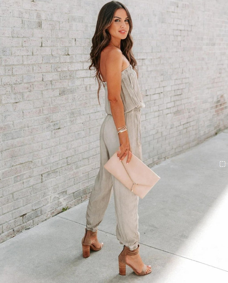 Chic Bandeau Strapless Cotton Blend Jumpsuit with Drawstring Waist and Pockets for Effortless Style