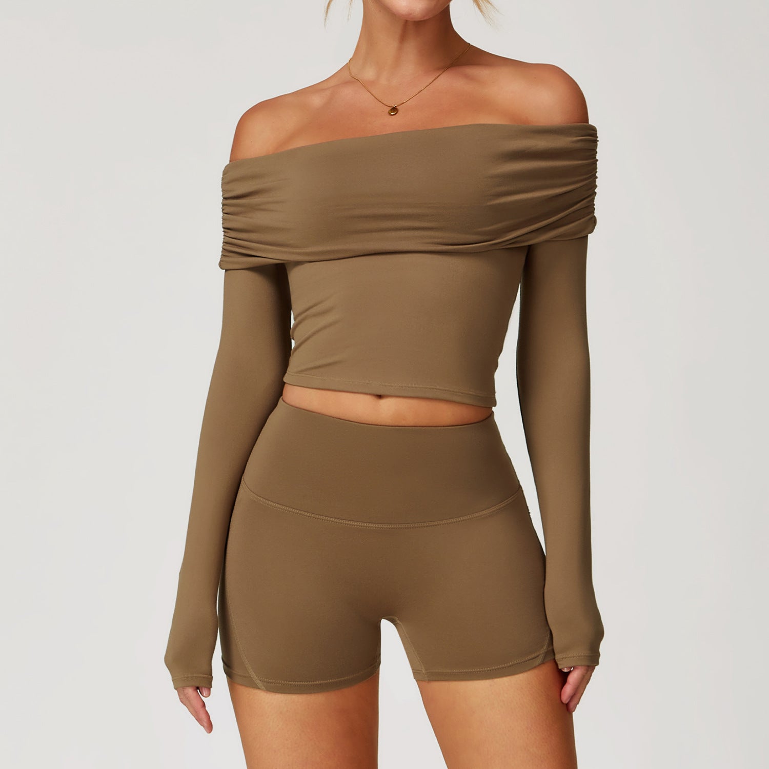 Effortless Off Shoulder Long Sleeve Crop Top and High Waist Shorts Set