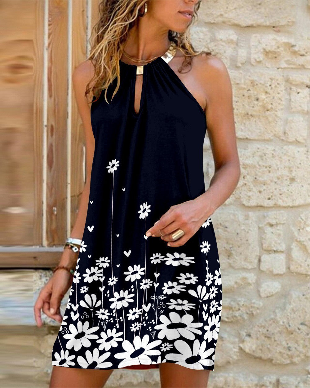 Vibrant Butterfly Print Halter Neck A-Line Mini Dress