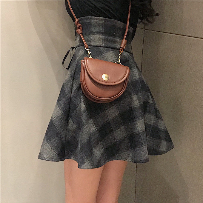 Chic Dark Gray Plaid High Waist Mini Skirt with Lace-Up Detail