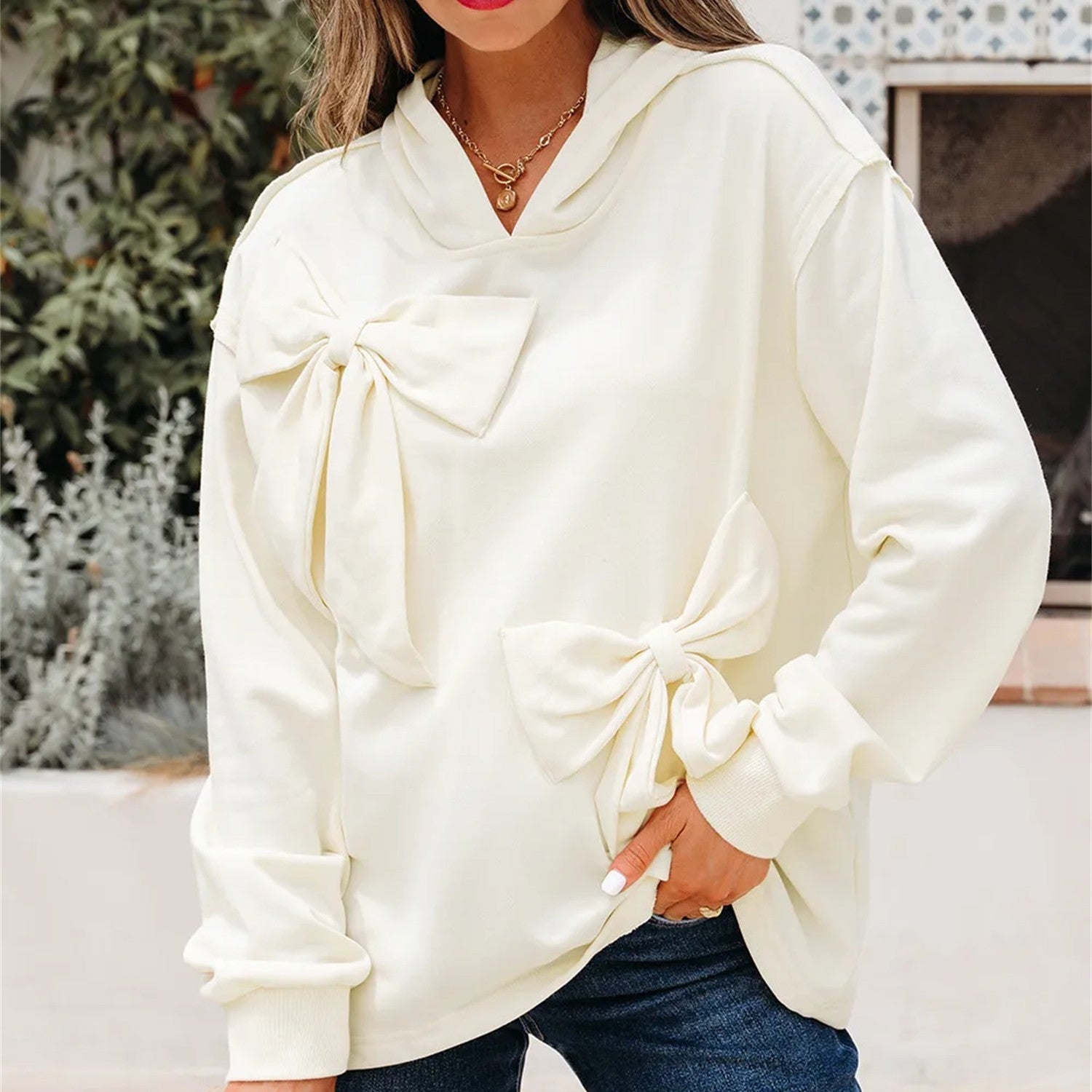 Cute Bow Detail Loose Fit Everyday Hoodie Comfortable Chic