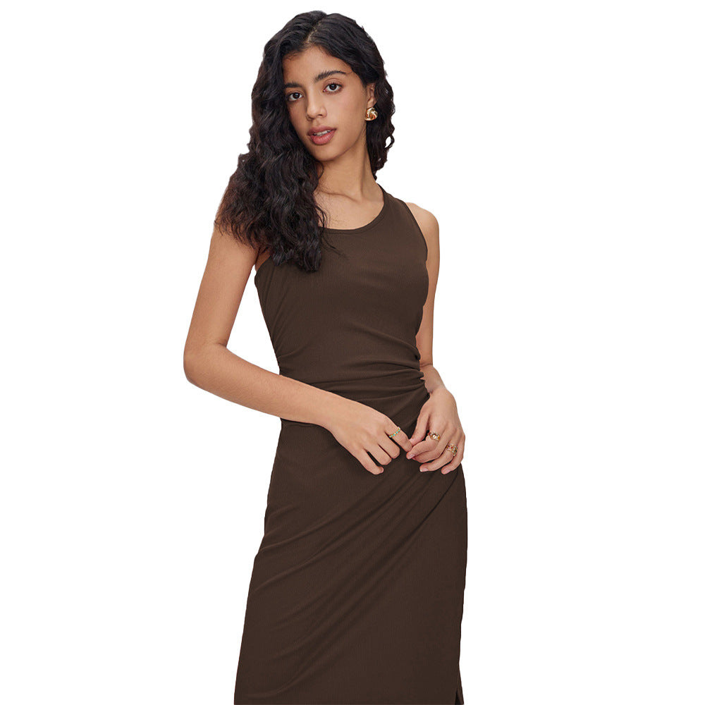 Good Quality Women's Slim Fit Sleeveless Ruched Side Slit Midi Sheath Dress