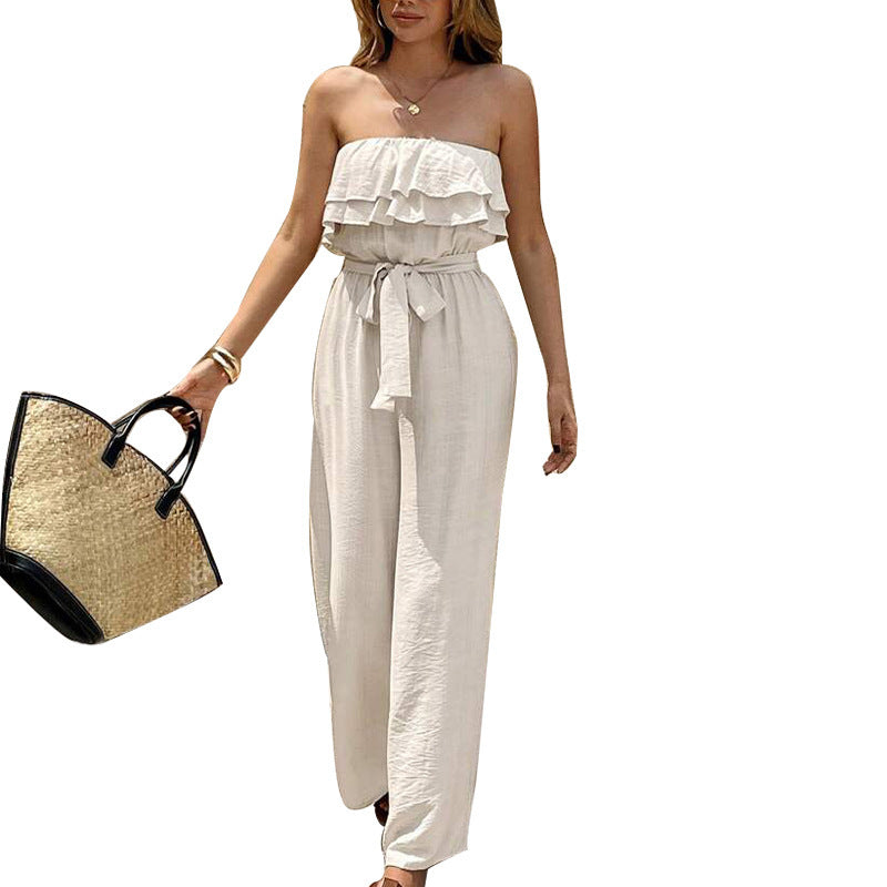 Effortless Ruffled Tube Top Jumpsuit with Tie Waist Wide Leg Design for Summer
