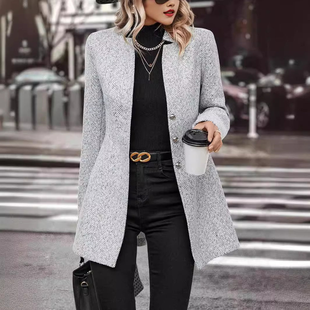 Chic Women's Long Sleeve Stand Collar Wool Blend Trench Coat