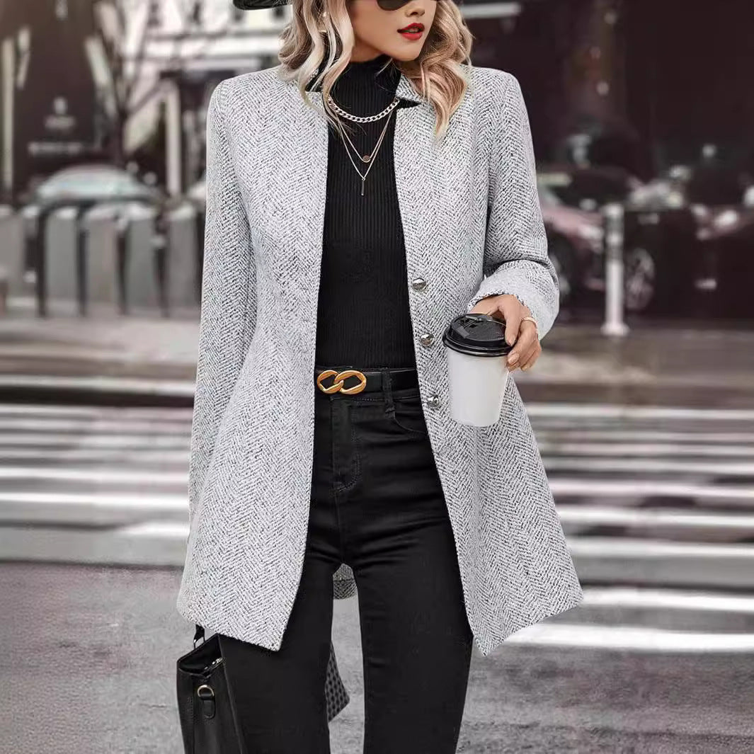 Chic Women's Long Sleeve Stand Collar Wool Blend Trench Coat