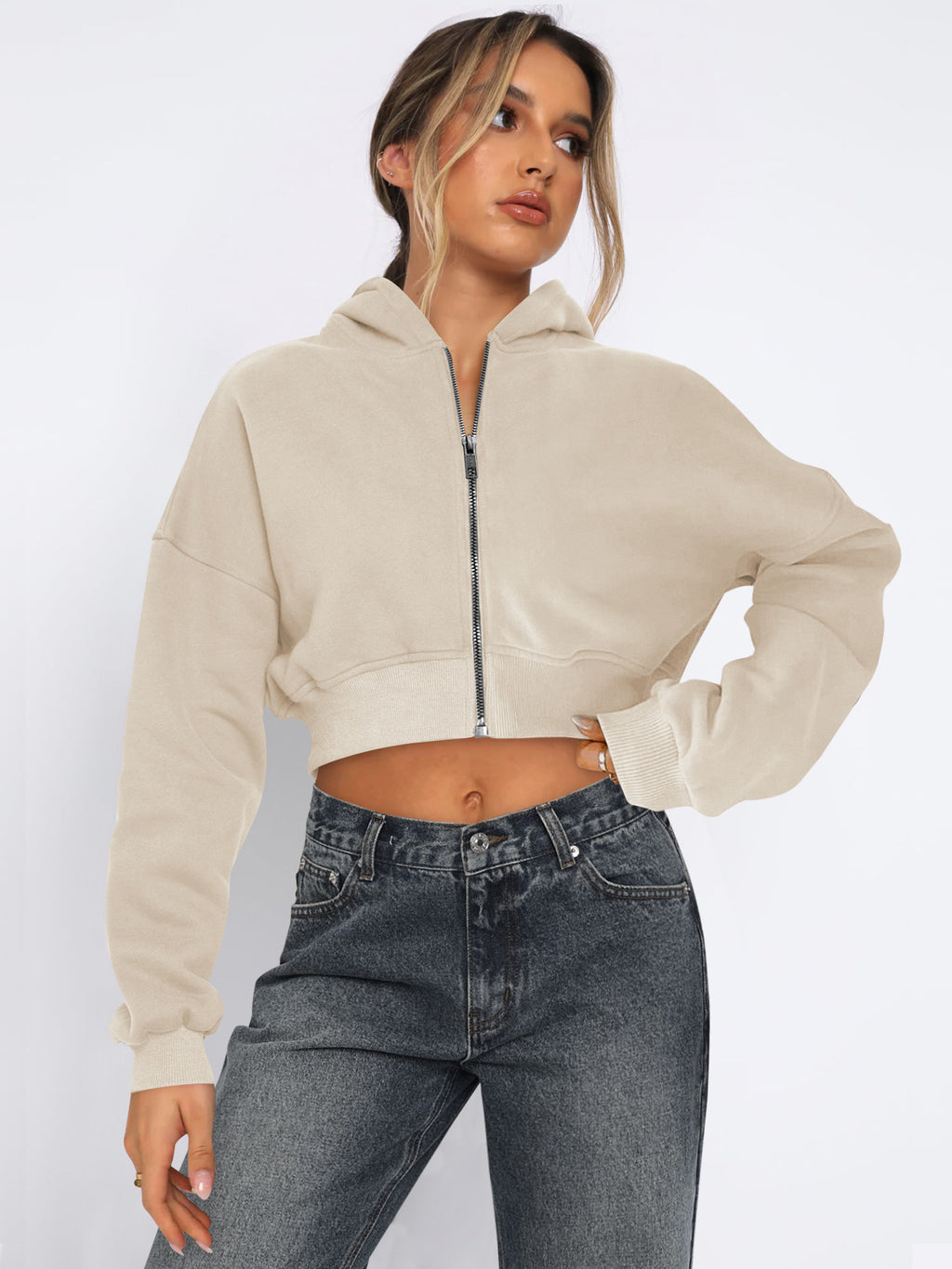Cozy Fleece Cropped Zip Up Hoodie for Everyday Comfort