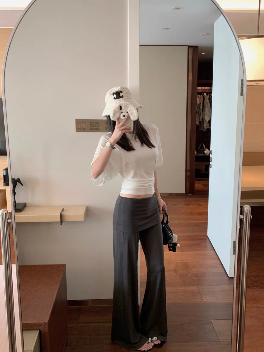 Chic Cotton Wide Leg Pants with Fold-Over Waist - Loose & Casual