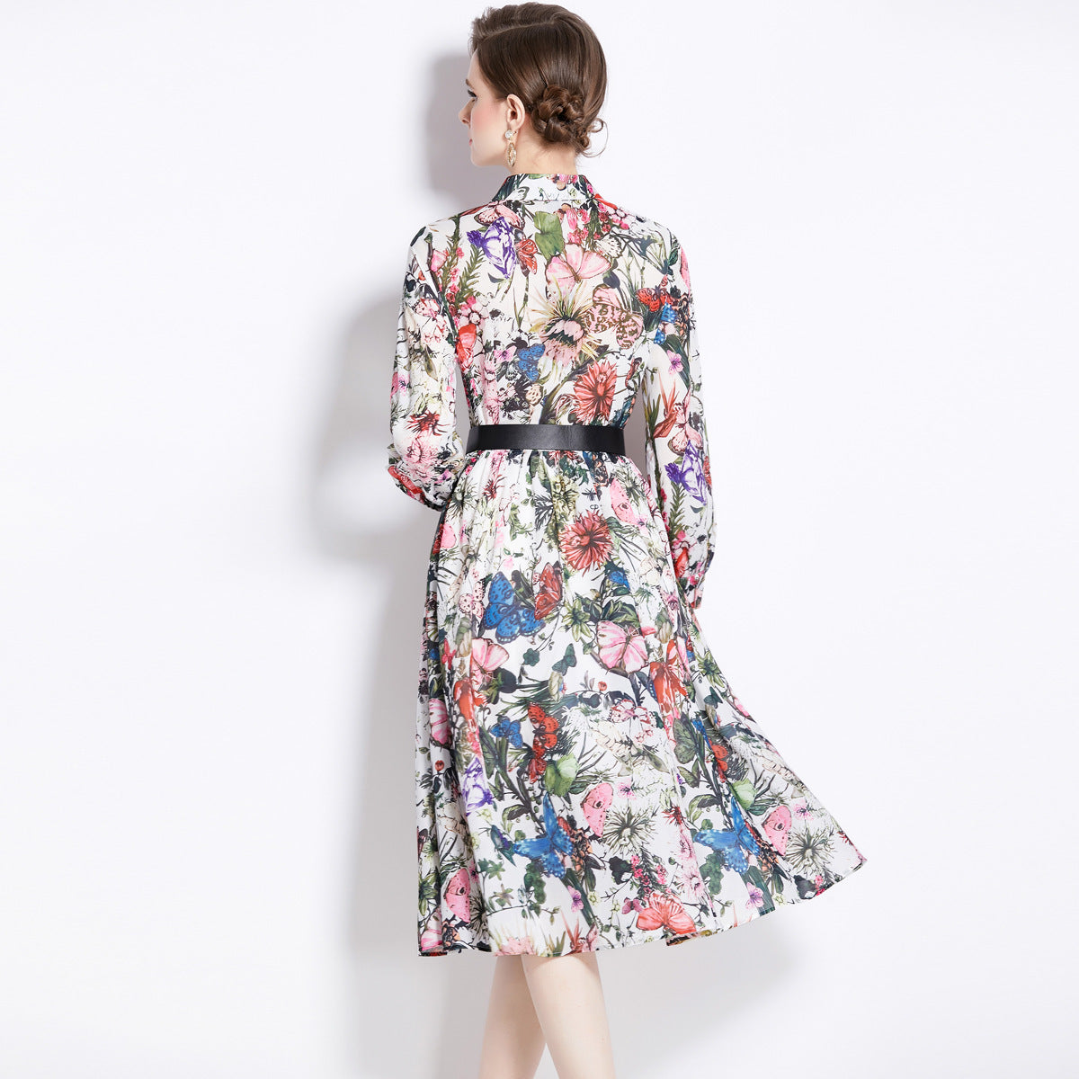 Elegant Floral Print Long Sleeve Button Down Midi Shirt Dress with Belt