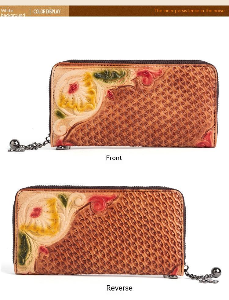 Artisan Crafted Floral Embossed Top Layer Leather Clutch Wallet with Wrist Strap