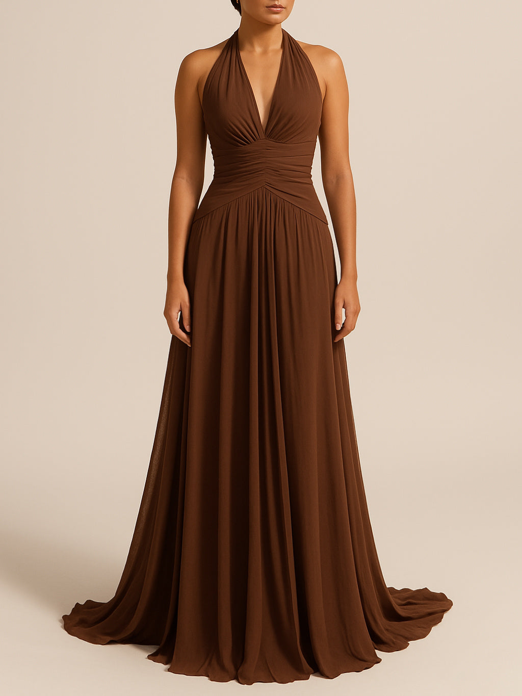 Elegant Brown Halter Maxi Dress for Evening & Party
