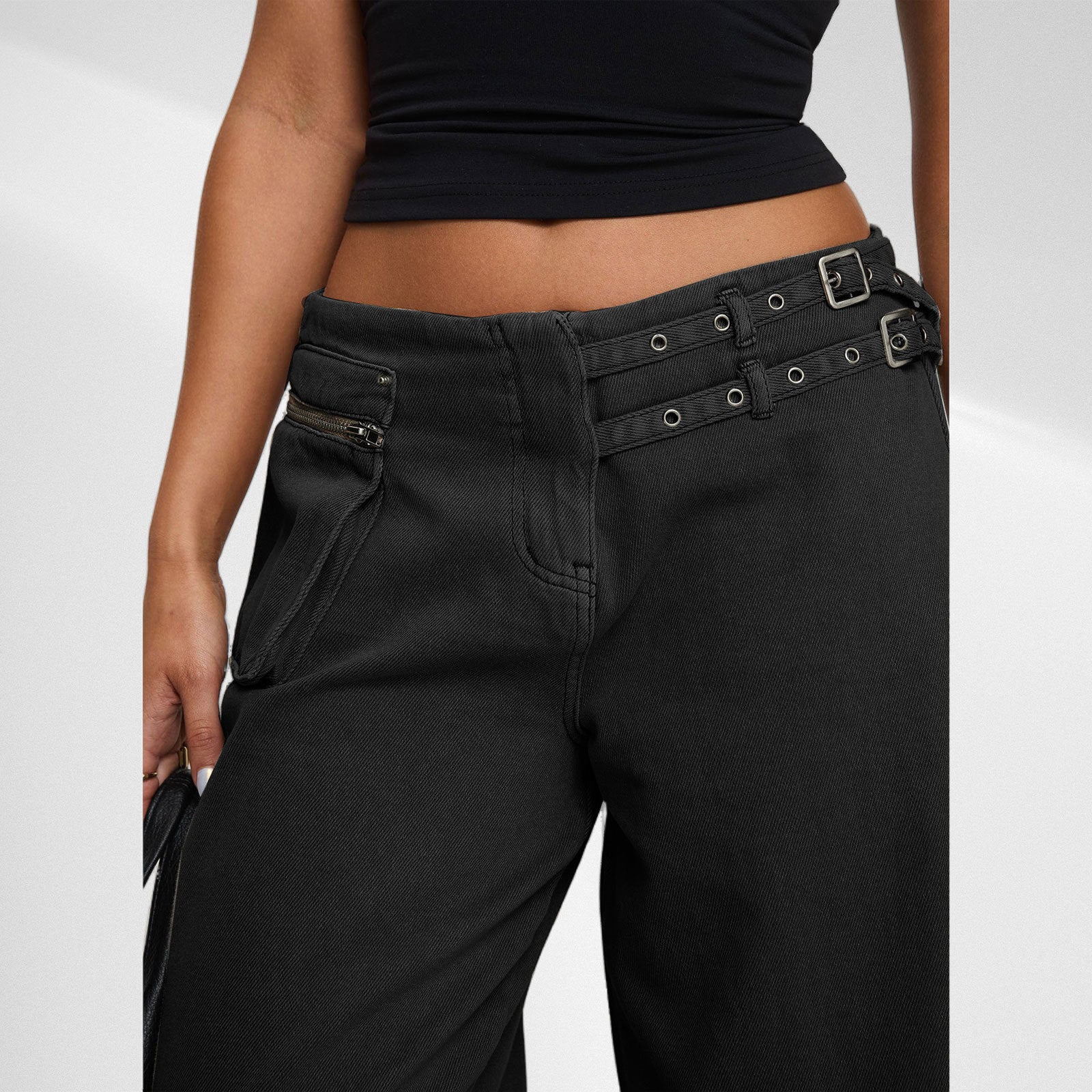 Trendy Street Style Wide Leg Jeans with Asymmetric Pocket and Unique Belt Detail