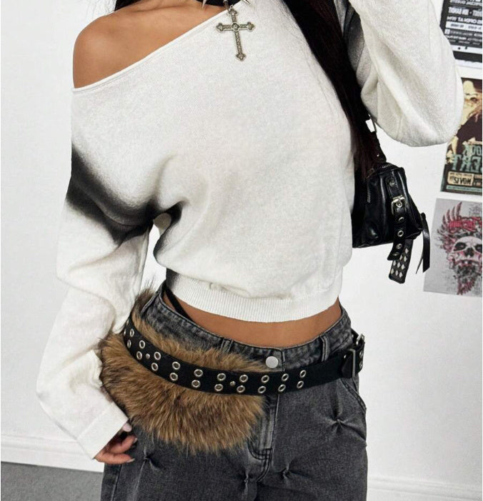 Chic Slant Shoulder Loose Fit Sweater with Contrast Dye Design