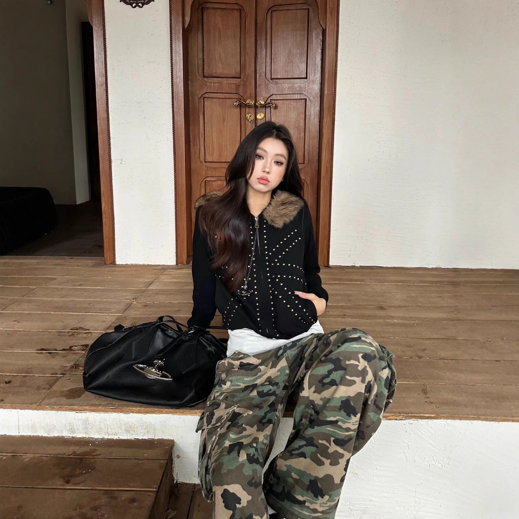 Trendy Studded Full Zip Hoodie with Faux Fur Trim and Pockets