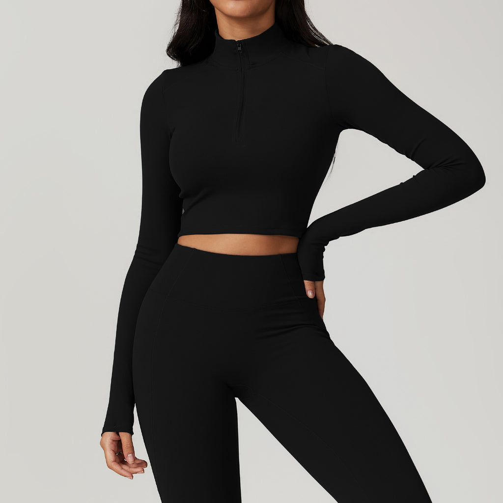 Premium Quality Quarter Zip Long Sleeve Athletic Crop Top for Women