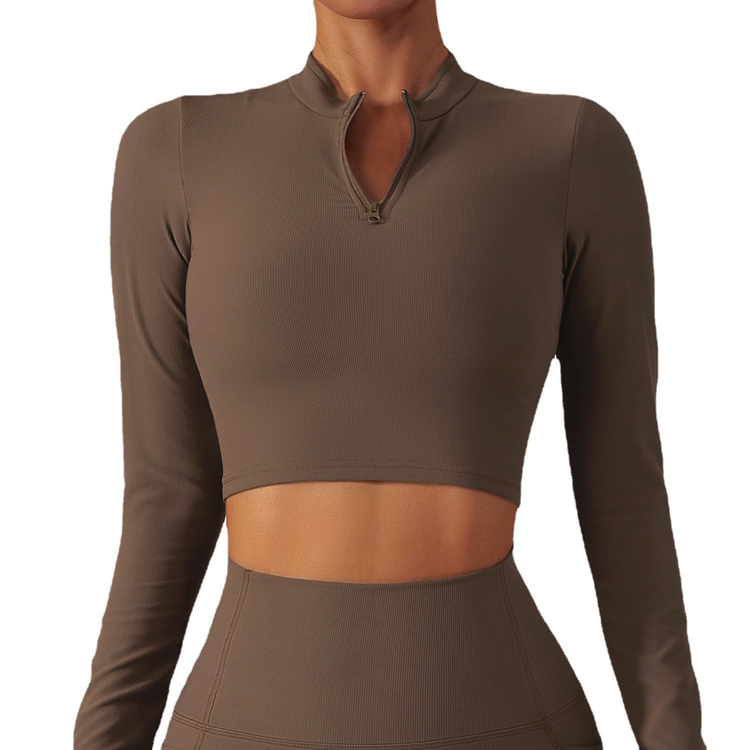 Athletic Ribbed Long Sleeve Stand Collar Zippered Yoga Crop Top for Women
