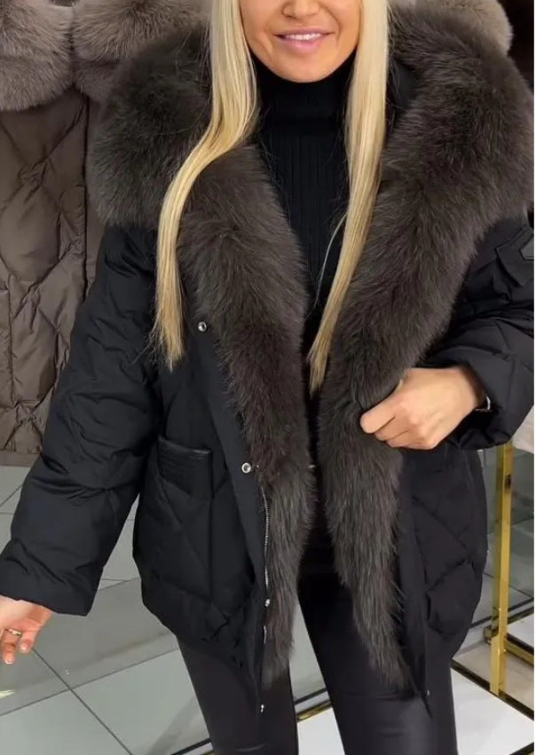 Cozy Mid Length Puffer Jacket with Plush Faux Fur Hood Winter Outerwear