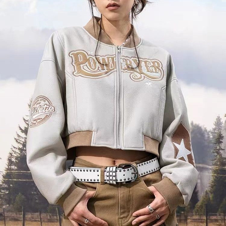 Street Style Cropped Bomber Jacket with Vintage Embroidered Lettering