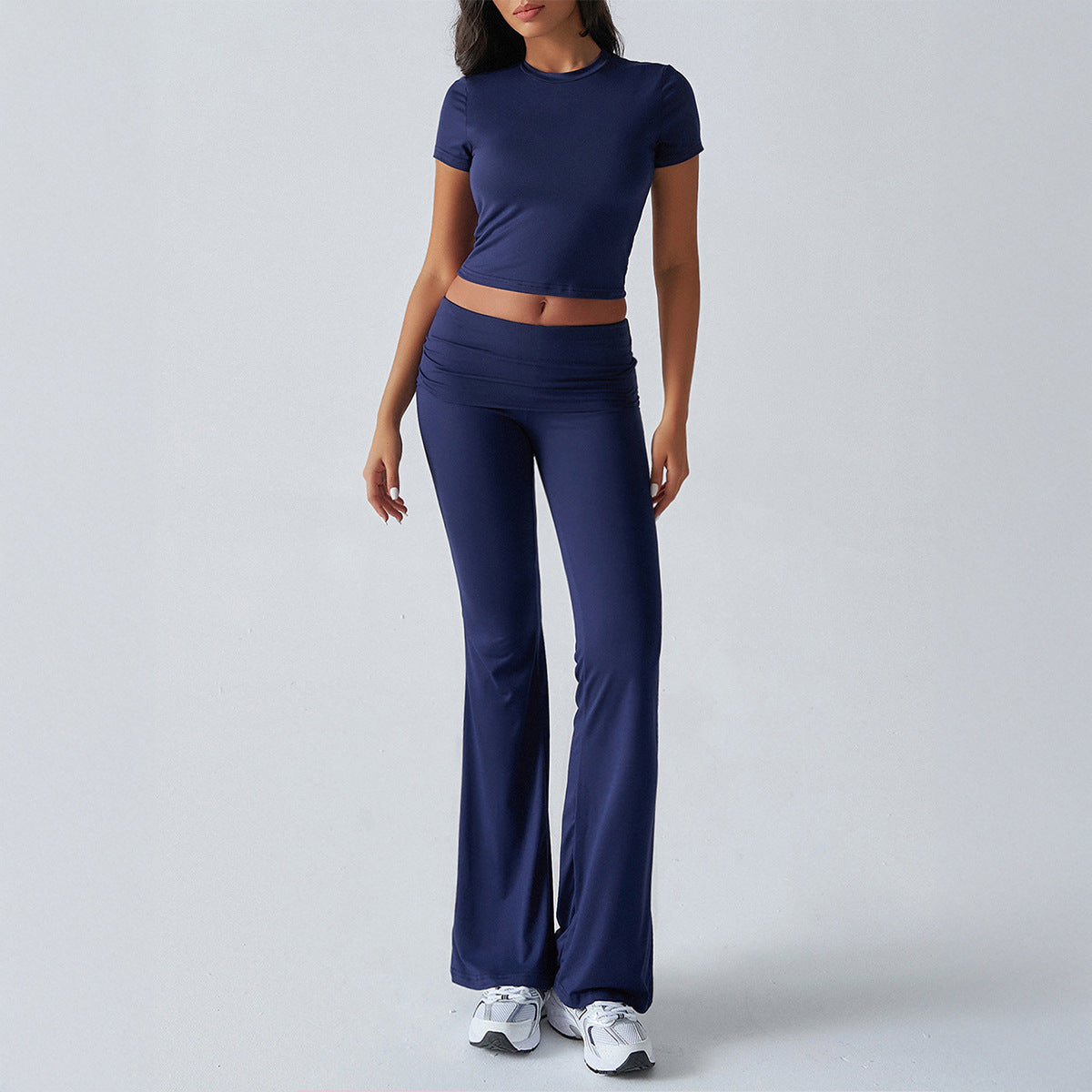 Comfortable Solid Color Short Sleeve Crop Top and Flared Leg Pants Co ord Set