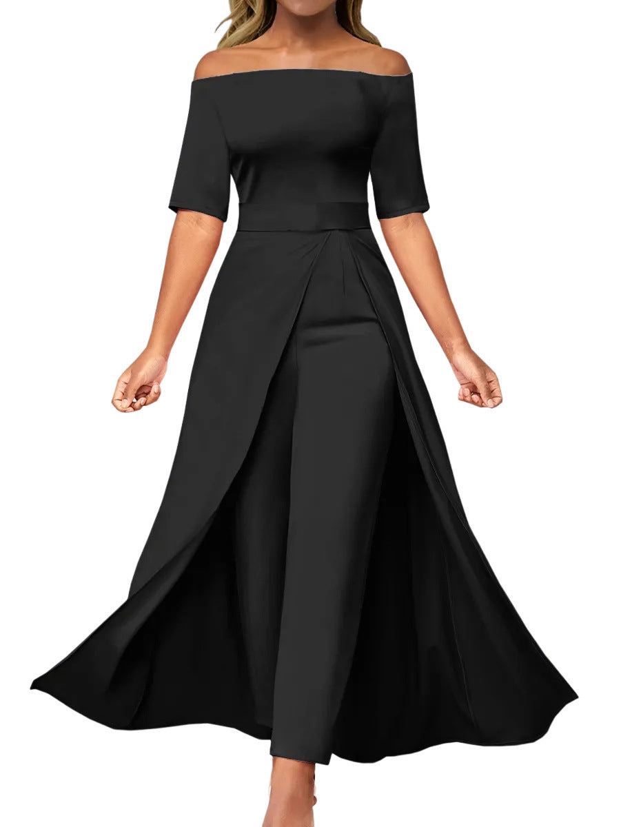 Elegant Off Shoulder Black Jumpsuit with Flowy Wide Leg Overlay for Women