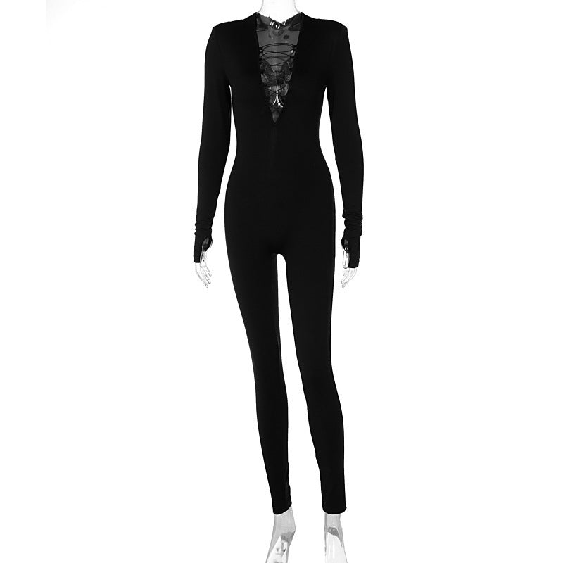 Sleek Bodycon Long Sleeve Deep V Neck Lace Up Jumpsuit for Dynamic Style