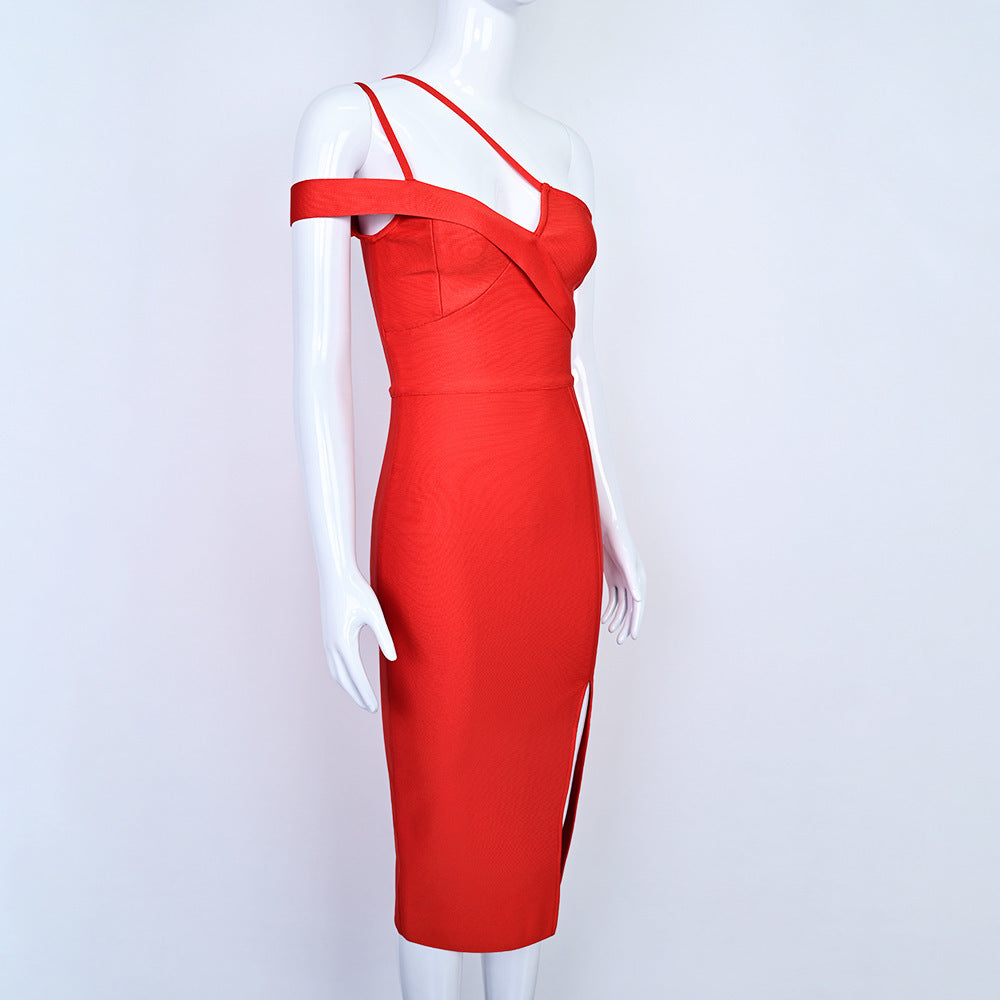 Stunning Red One-Shoulder Bandage Bodycon Midi Dress