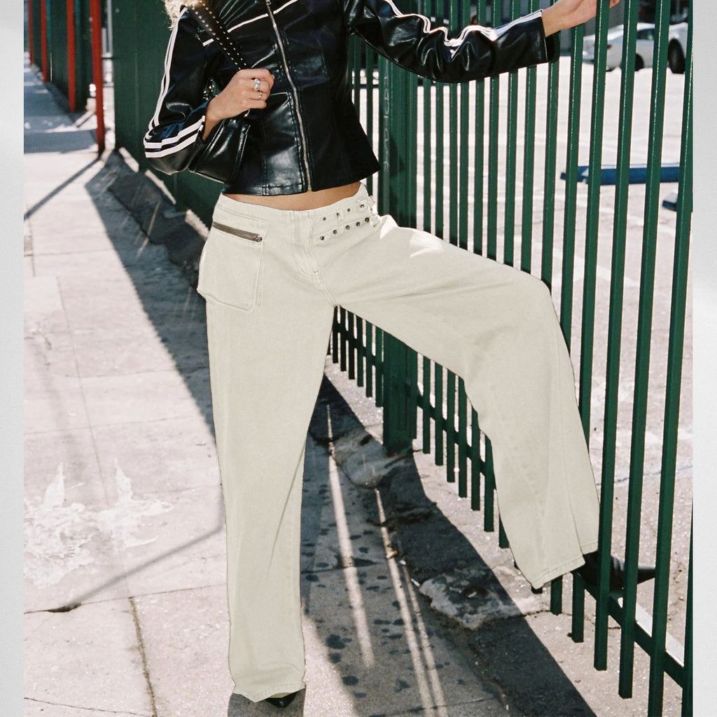 Trendy Street Style Wide Leg Jeans with Asymmetric Pocket and Unique Belt Detail