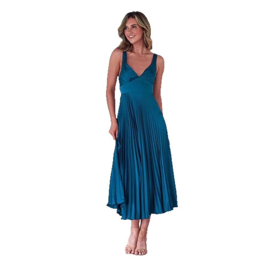Elegant Pleated V-neck Midi Dress with Sling Straps