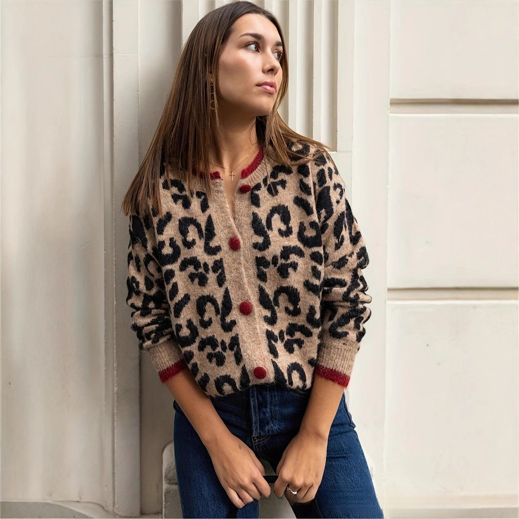 Stylish Leopard Print Button-Front Cardigan Sweater with Red Contrast Trim